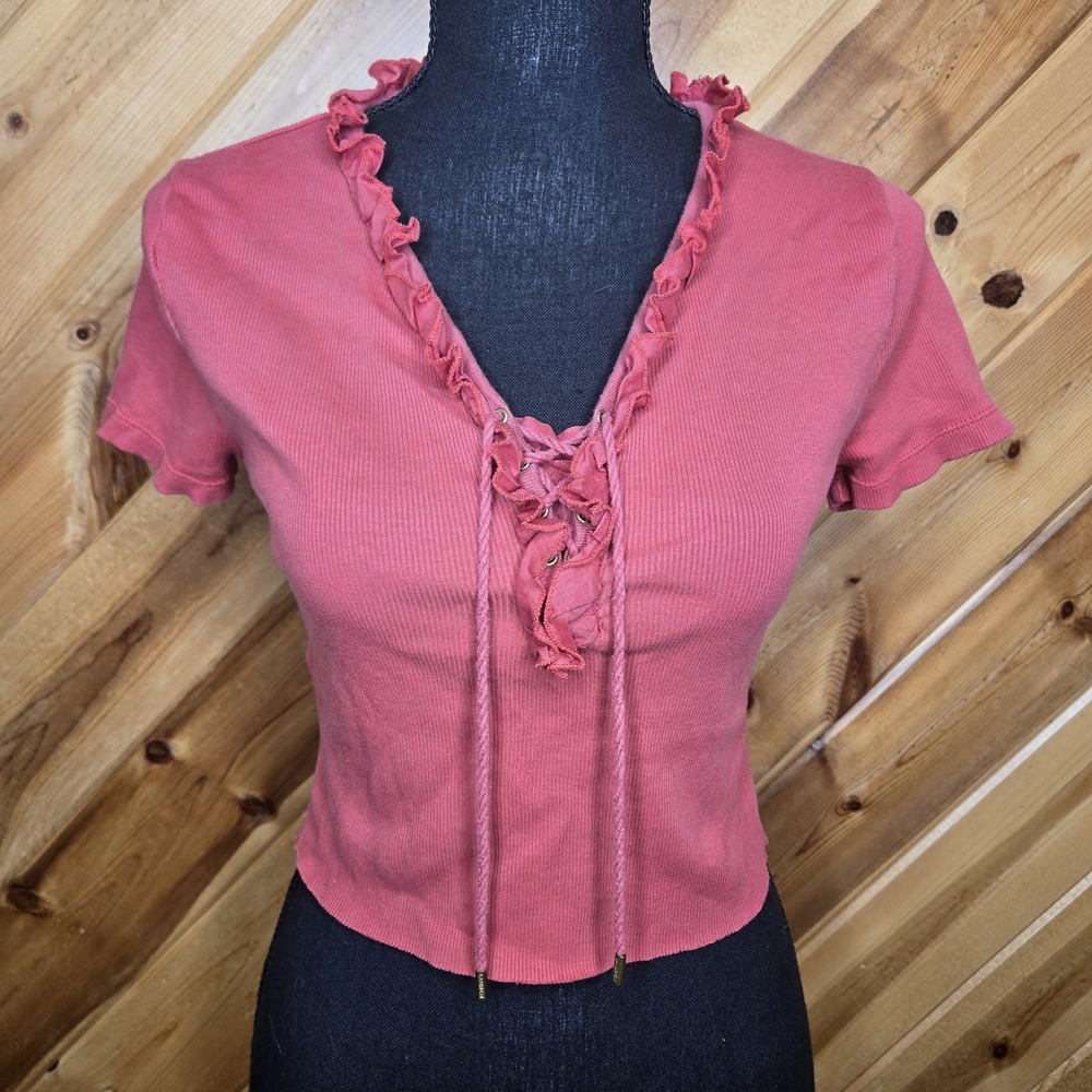 Lauren Ralph Lauren Crop Short Sleeve V Neck Tie Size Small Red